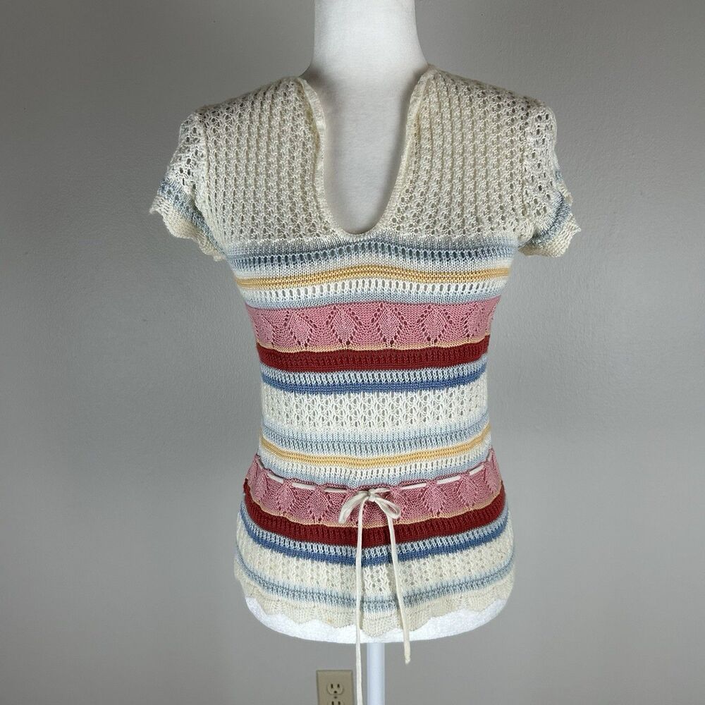 Vintage Crochet Y2K S Babydoll Top Ivory Open Knit Boho Folk Cottage Grannycore